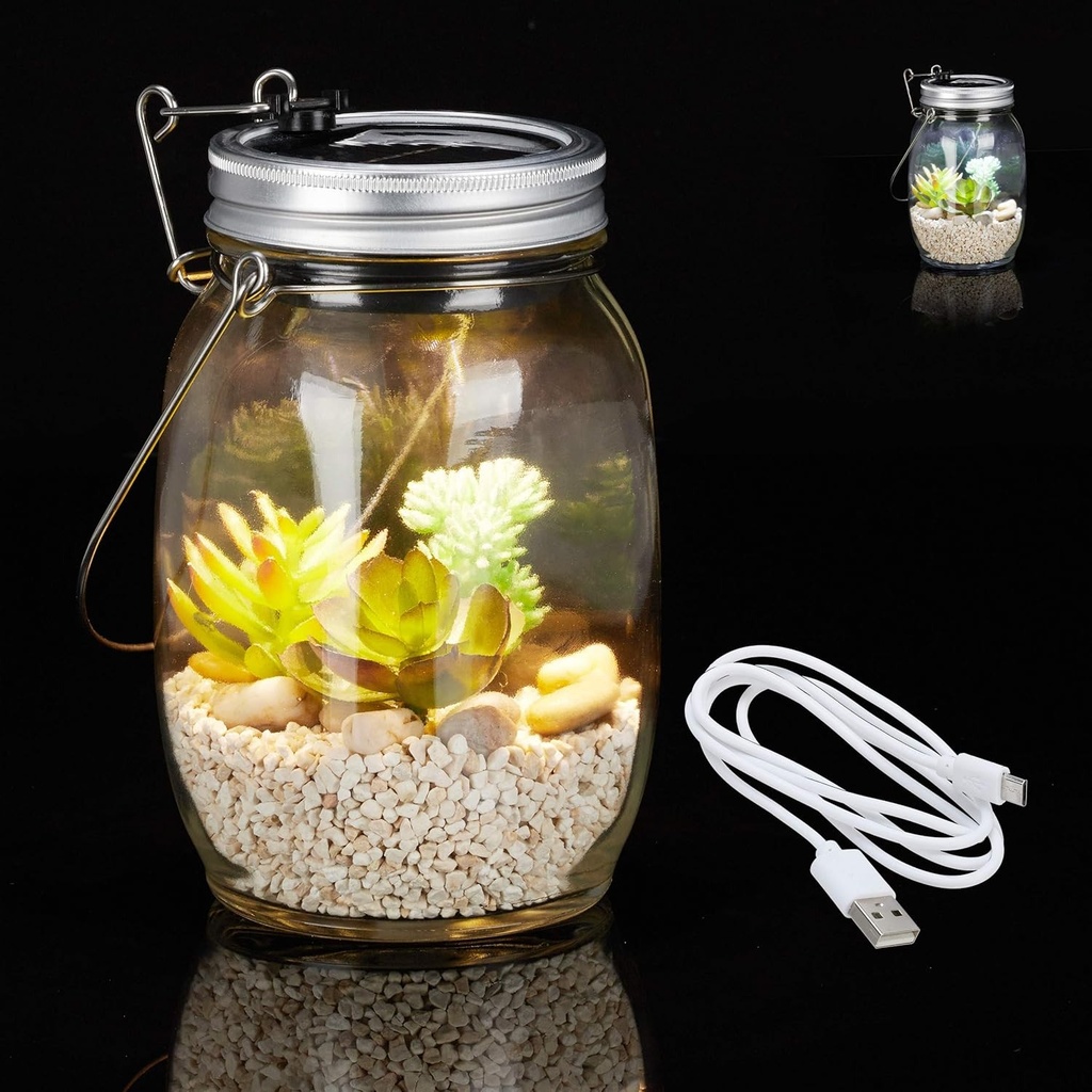 Lampa solara Relaxdays, sticla, lumina solara 8 LED-uri, alb cald si rece, cablu USB, sticla solara pentru interior si exterior, transparenta, 1 bucata