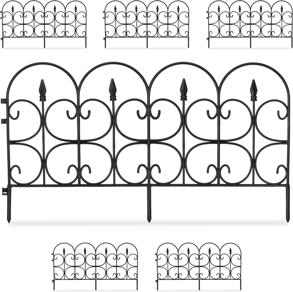 Gard de gradina Relaxdays din plastic rezistent la intemperii, inaltime de 30 cm, frumos gard decorativ, cu varfuri de pamant, set 6 piese, 4 m, negru