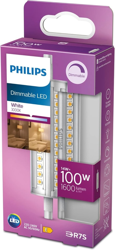 Lampa LED R7S Philips 118 mm (100 W), lampa LED R7S reglabila cu lumina alba neutra, lampa LED cu economie de energie si durata lunga de viata