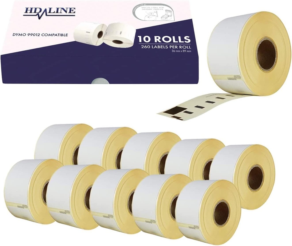 hd-line Dymo Labels pentru Labelwriter 99012-10 Roll Pack Etichete x 260 buc. Fiecare rolă = 2600 de etichete, autoadezive, compatibil cu Dymo Labelwriter și imprimantele de etichete Seiko, 89 x 36 mm