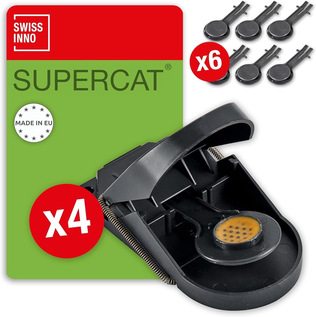 SWISSINNO Mousetrap SuperCat | Eficient + Reutilizabil cu momeala cu unt de arahide | Prinde instantanee + ucide | Utilizare in interior si exterior | 4 capcane + 6 insertii de momeala