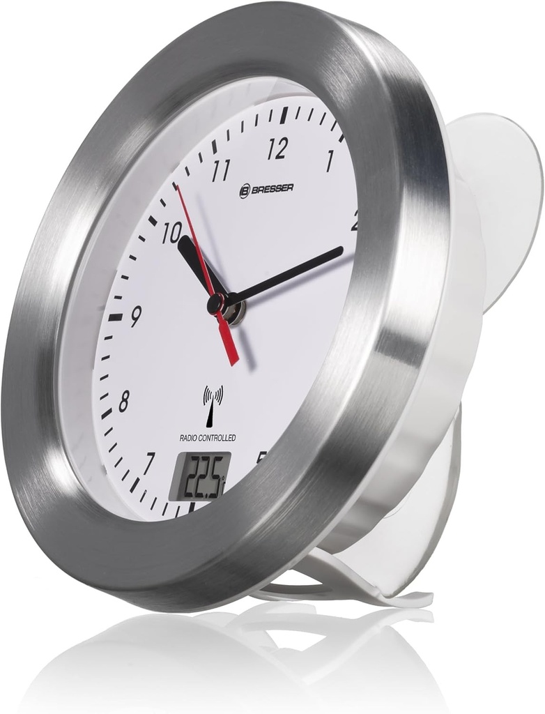 Bresser 8020114 MyTime Ceas de perete pentru baie cu afisaj de temperatura si ceas radiocontrolat cu cadru din aluminiu periat, ventuze si suport pentru montare pe masa, alb, alb