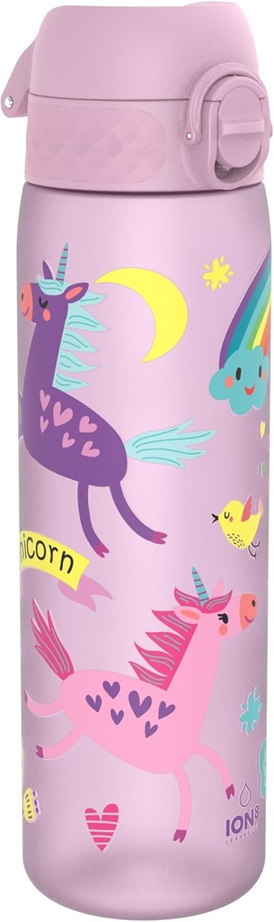 Sticlă de apă Ion8, 500 ml, etanșă, ușor de deschis, blocare sigură, se poate spăla în mașina de spălat vase, fără BPA, mâner de transport, ușor de curățat, neutru de carbon, design unicorn