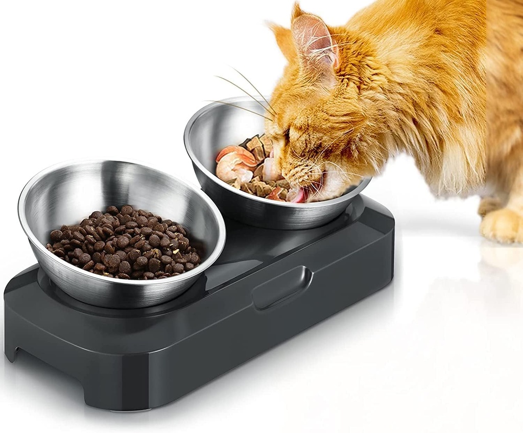 Bol pentru pisici PewinGo - Bol de protecție pentru gât înclinat 15°, oțel inoxidabil alimentar, lavabil la mașină, bază din silicon antiderapant, pentru animale de companie, pisici și căței