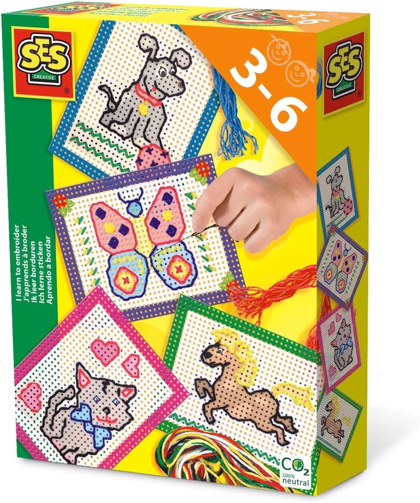 SES Creative 14838 Kit de meșteșuguri pentru copii „Învăț să brodez” - Set de broderie cu ață de brodat și cerc de brodat pentru începători