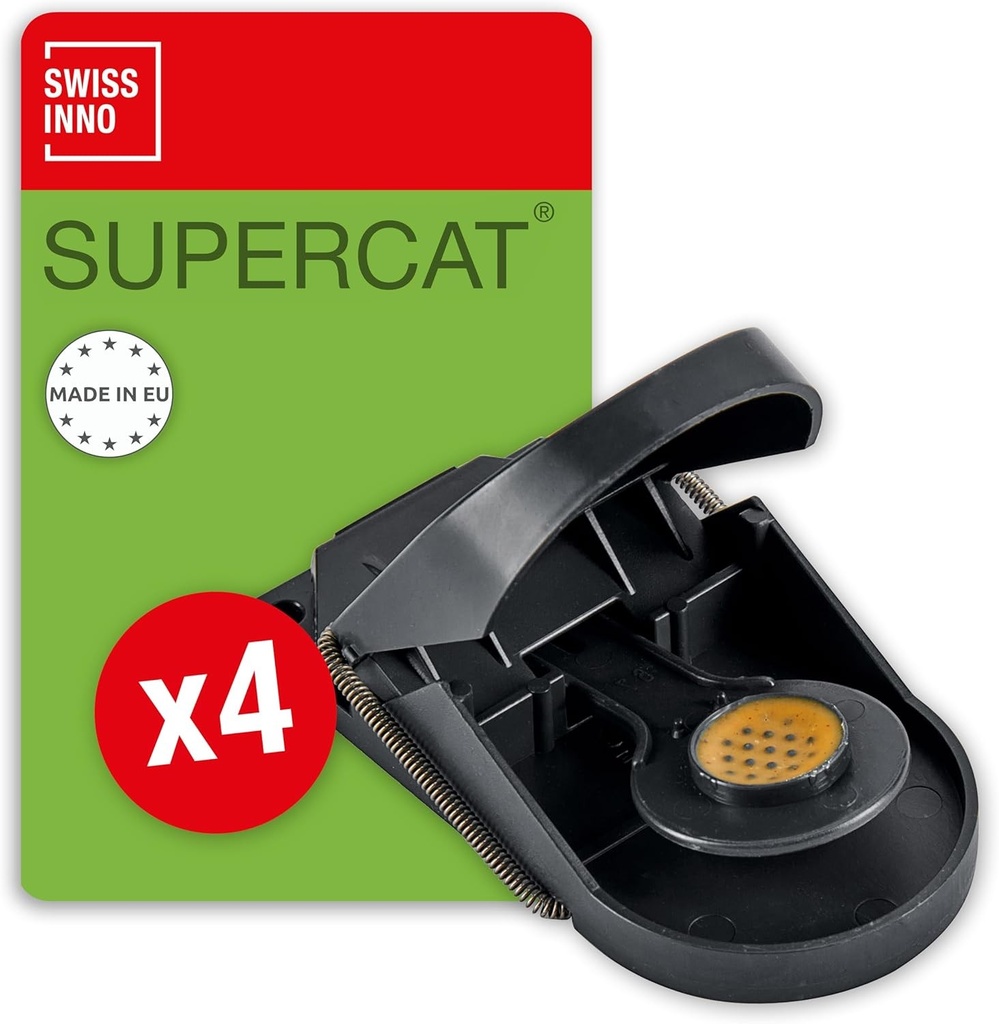 SWISSINNO Mousetrap SuperCat | Eficient + Reutilizabil cu momeala cu unt de arahide | Prinde instantanee + ucide | Utilizare in interior si exterior | 4 capcane
