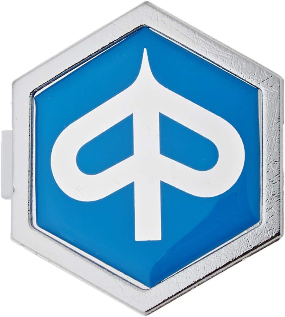 Emblema capac claxon hexagonal Piaggio pentru Vespa PX T5 ET2 ET4 etc. - aluminiu, pentru dopuri 32x37 mm, albastru