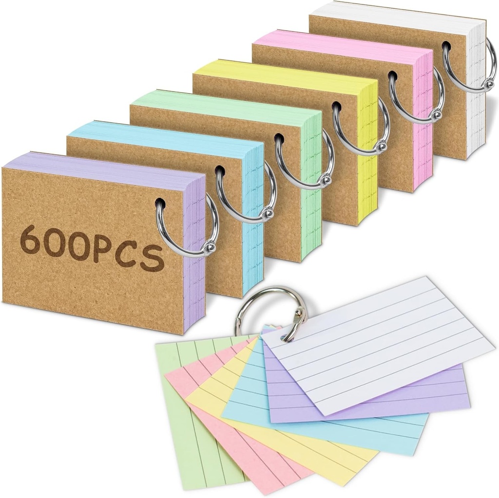 600 de bucati Flashcard-uri cu linii, A8 Flashcards cu inel in cutia practica de invatare, cutie de vocabular Flashcard pentru vocabular, formule si note in limba engleza