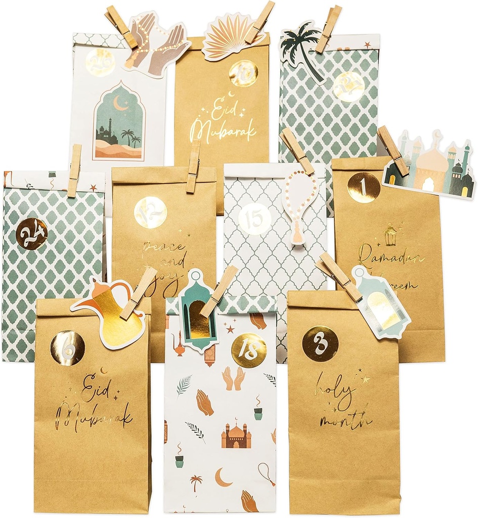 Zmeu din hârtie DIY Calendar Ramadan de umplut - pentru copii și adulți - pungi de hârtie kraft imprimate în mentă - aurii - pentru afișare și decorare - Eid Mubarak - reutilizabile - set de 5