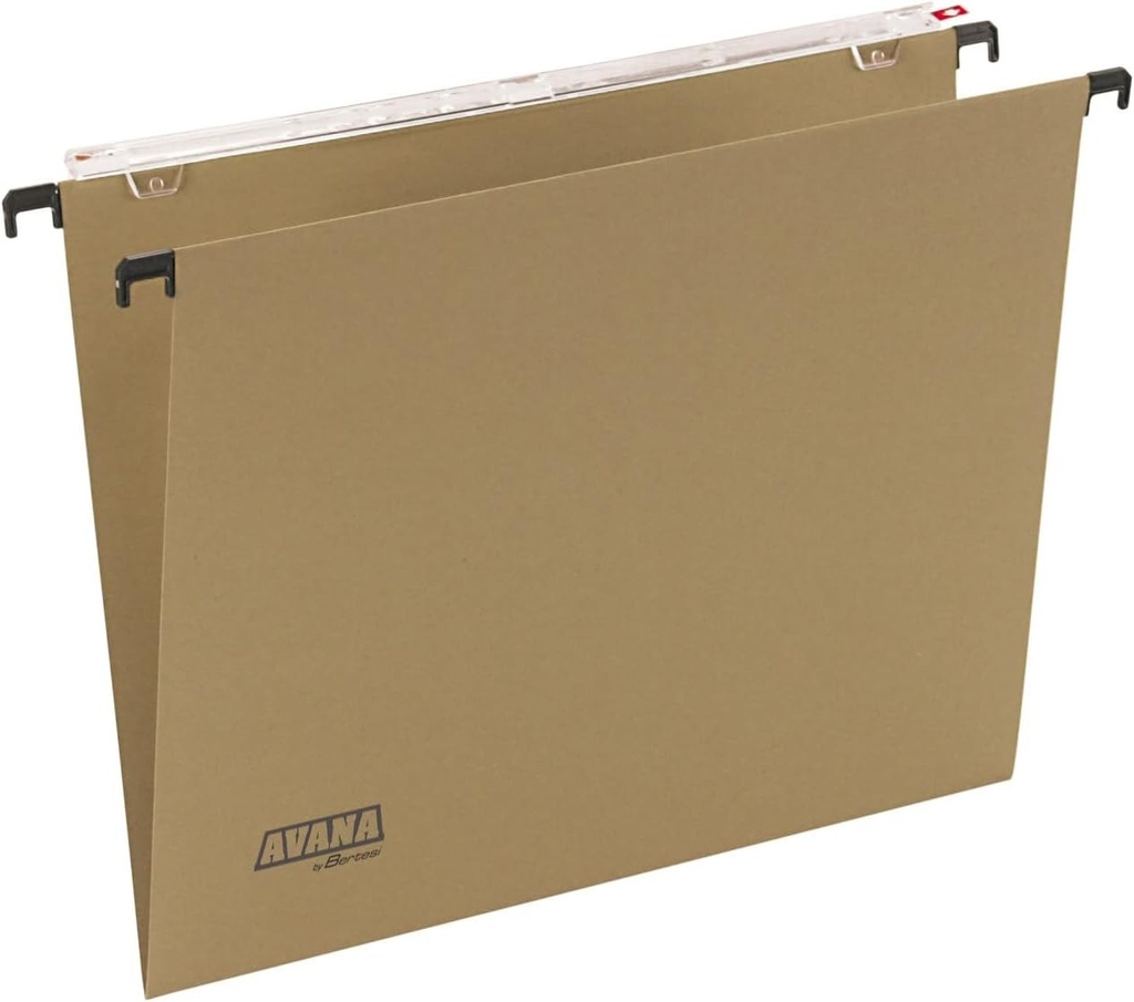 Avana(R) by Bertesi, dosar suspendat pentru sertare, foaie, vizualizator rigid de 29 cm lungime. Cotor in forma de V, carton Kraft 100% reciclat, maro, pachet de 50. Ref. 060/365 Beta -B1