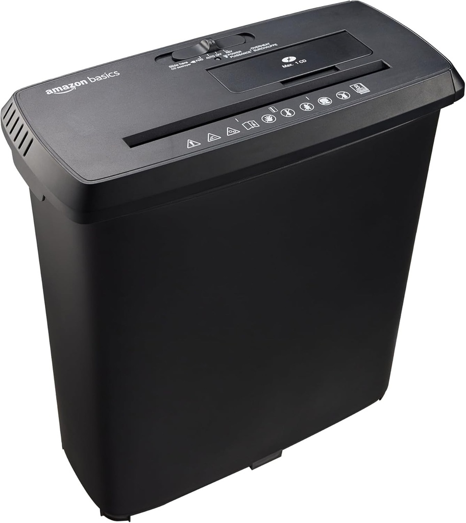 Tocator de taiat banda cu 8 coli Amazon Basics (model nou), distruge si CD-uri si carduri de credit, negru