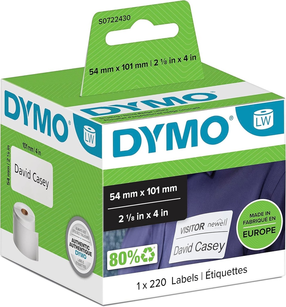 DYMO Original LabelWriter Etichete de expediere/Etichete de nume (Mare) | 54 mm x 101 mm | Rola de 220 de etichete usor de decojit | Autoadeziv | pentru imprimantele de etichete si producatorii de etichete LabelWriter