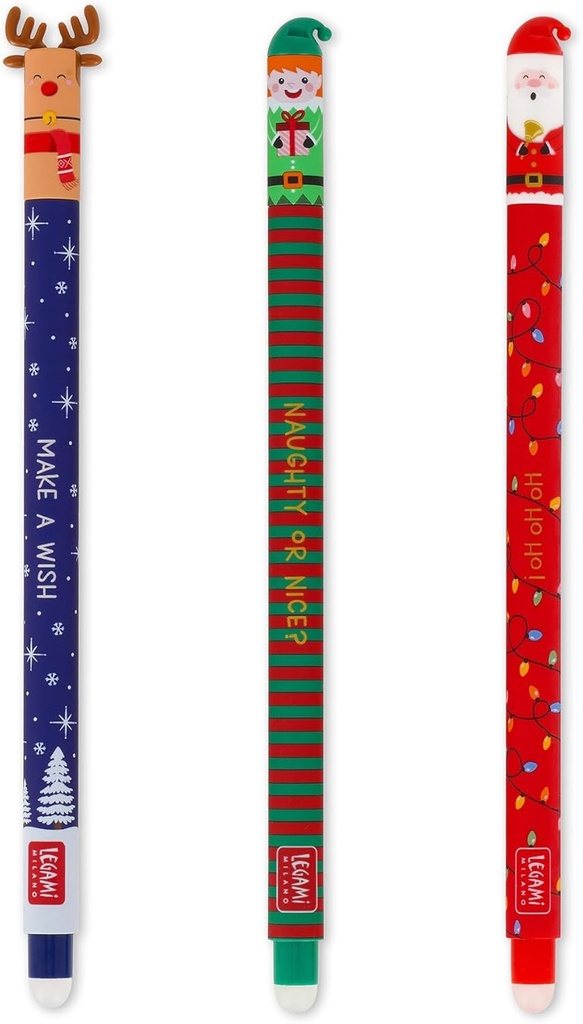 Legami - Set de 3 pixuri cu gel sters, editie de Craciun, pixuri cu cerneala stergabila sensibila la caldura, rosu, albastru, verde, stilou sters de Craciun, sterge fara consumarea hartiei