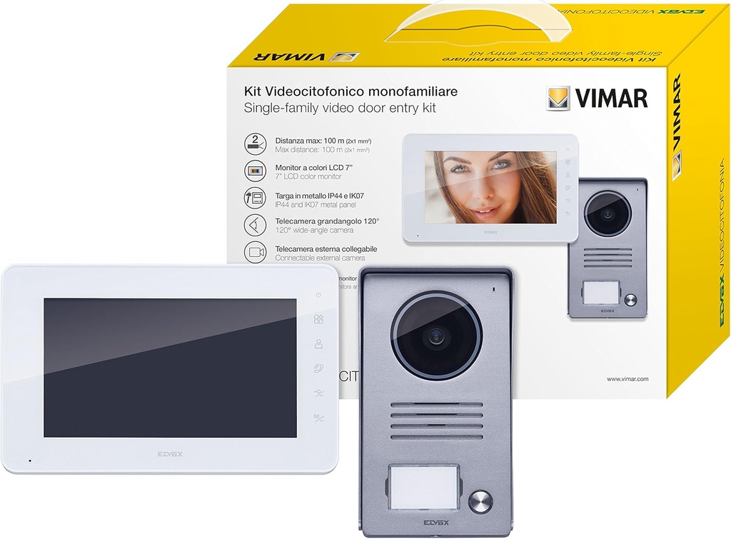 Kit interfon video de perete unifamilial Vimar K40910, placă gri și monitor alb
