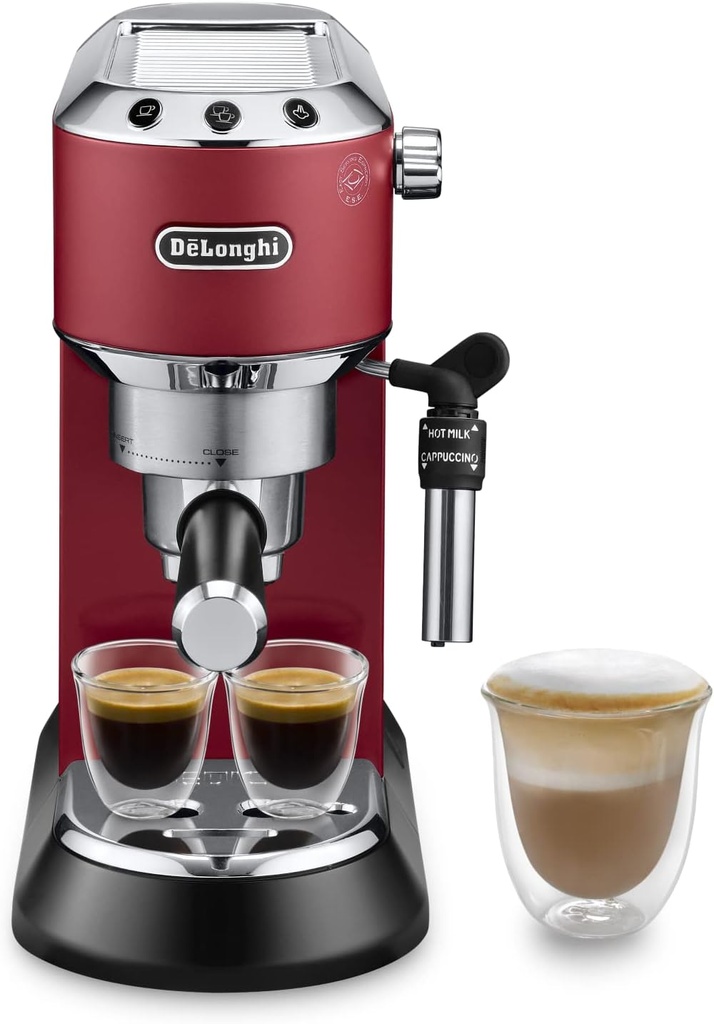 De'Longhi Dedica Style EC 685.R – Espressor portafiltru, espressor cu spumant de lapte profesional, latime de numai 15 cm, pentru cafea macinata sau capsule ESE, rezervor de apa 1 l, rosu