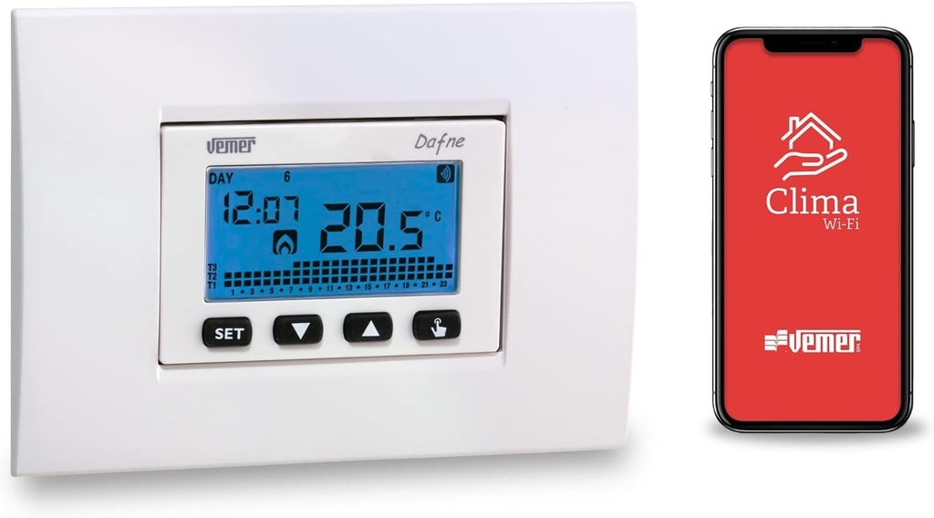 VEMER VE792200 DAFNE - Termostat Wifi incorporat, sursa de alimentare 230 V, control smartphone prin APP disponibil pe IOS si Android, compatibil cu Alexa si Google Home, alb si gri