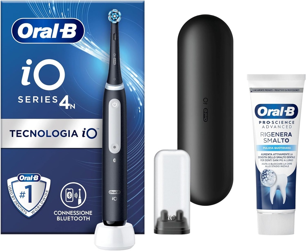 Periuță de dinți electrică reîncărcabilă Oral-B iO 4, neagră, 1 cap de schimb, 1 husă de călătorie + Pastă de dinți regenerantă a smalțului avansat Pro-Science 75 ml. 1 Periuta de dinti
