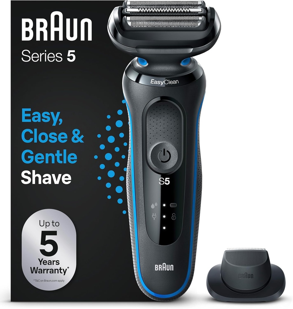 Aparat de tuns barba Braun Series 5 pentru barbati, aparat de ras electric pentru barba, aparat de tuns de precizie EasyClick, EasyClean, umed si uscat, aparat de ras cu folie reincarcabil, fara fir, idee de cadou 51-B1200s Blue