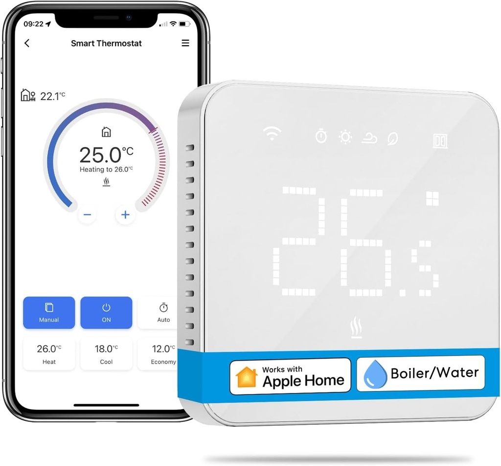 Termostat WiFi Meross, termostat inteligent pentru cazan, termostat programabil, termostat inteligent de perete pentru Apple HomeKit, Alexa si Google Assistant, functie de programare, ecran tactil LED digital