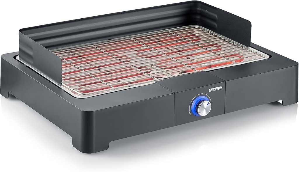 SEVERIN PG 8565 Grătar electric 2200 W din oțel inoxidabil reglabil până la 250°, grătar electric pentru interior și exterior cu LED, grătar de masă sau de balcon, fum și mirosuri reduse, negru