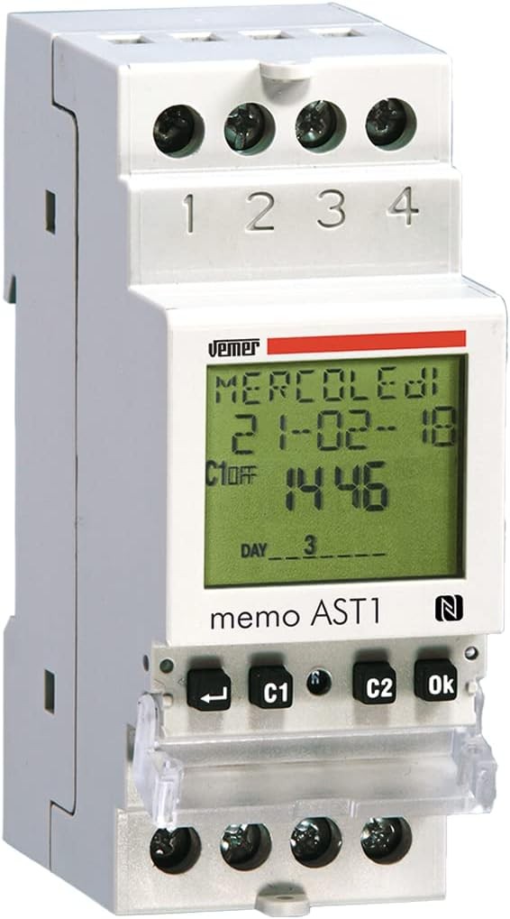 VEMER VE344800 MEMO AST1 - Comutator astronomic pentru crepuscul, temporizator cu programare pentru apus si rasarit, interfata NFC cu smartphone si aplicatie dedicata, alb