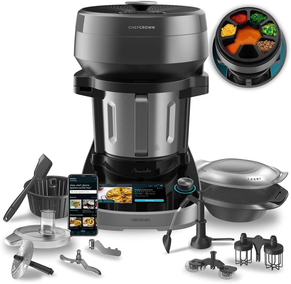 Robot de bucatarie multifunctional unic Cecotec Mambo CooKing cu distribuitor de alimente. 2200 W, 45 de funcții, mii de rețete ghidate, un singur ulcior de 5 litri, accesorii: aburi sau paletă de tocană.