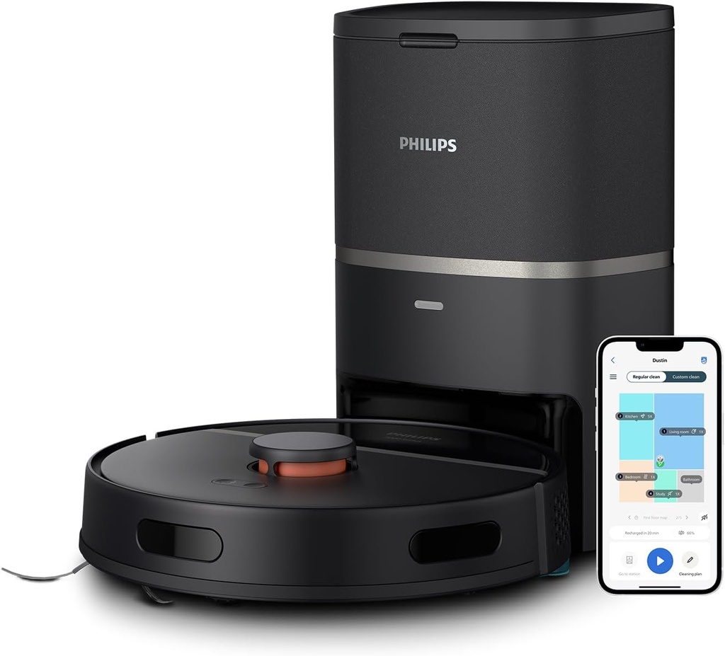Aspirator robot Philips HomeRun Series 3000 și mop de podea cu cartografiere, putere mare de aspirare (4000 Pa), navigație cu laser, cu stație, pentru covoare și păr de animale de companie, aplicație WiFi, XU3100/01