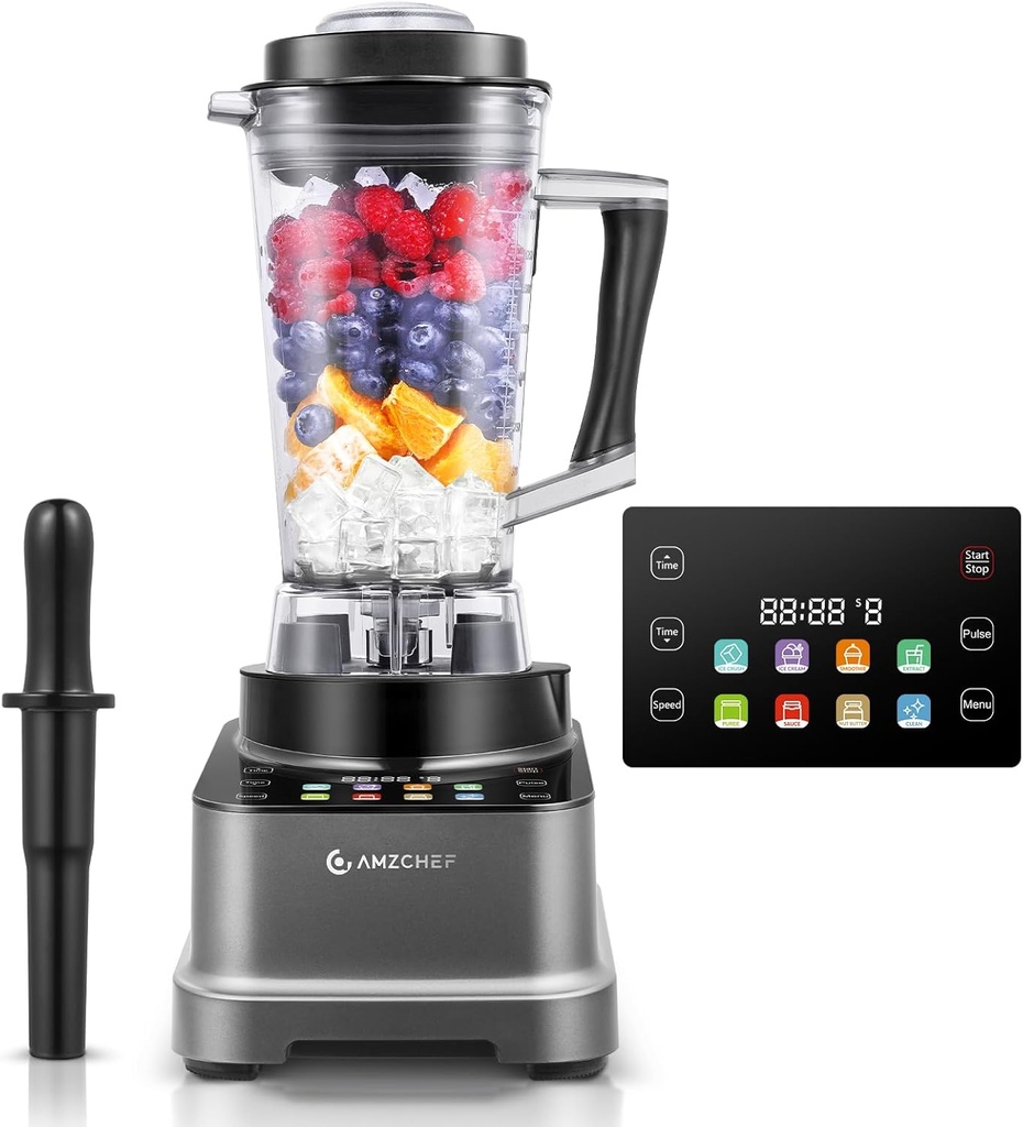 Blender și tocător multifuncțional AMZCHEF 8 ÎN-1 cu ecran tactil LCD | Blender de 2000 W cu 8 meniuri și 10 viteze | Blender 2L pentru zdrobirea gheții, înghețată, smoothie, extractor, piure, sos | Gri