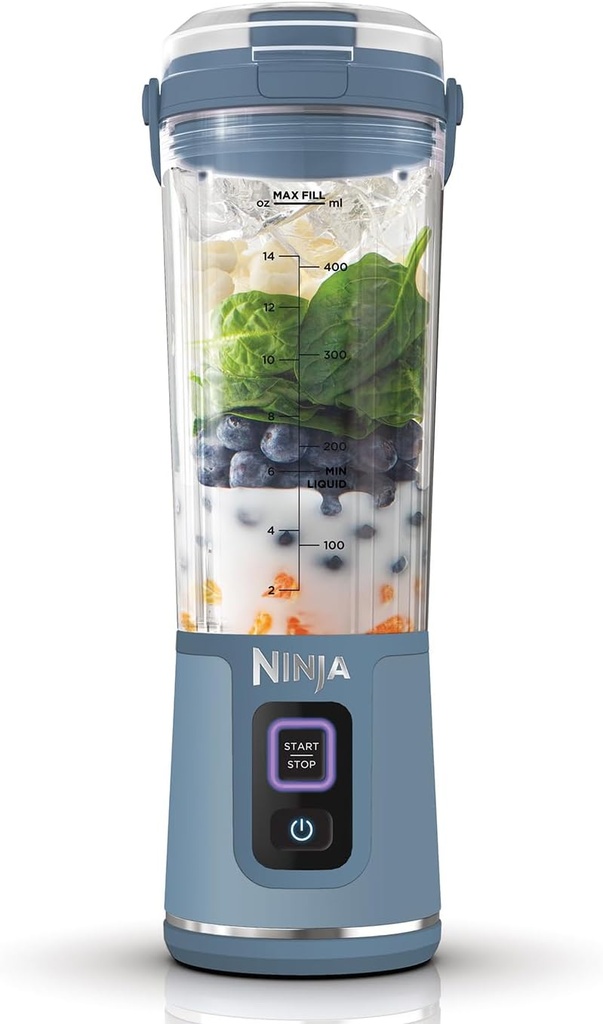 Blender portabil Ninja Blast, 530 ml, cu capac și gură, mini blender fără fir, reîncărcabil, pentru smoothie-uri, zdrobire de gheață și fructe congelate, albastru denim, BC151EUNV