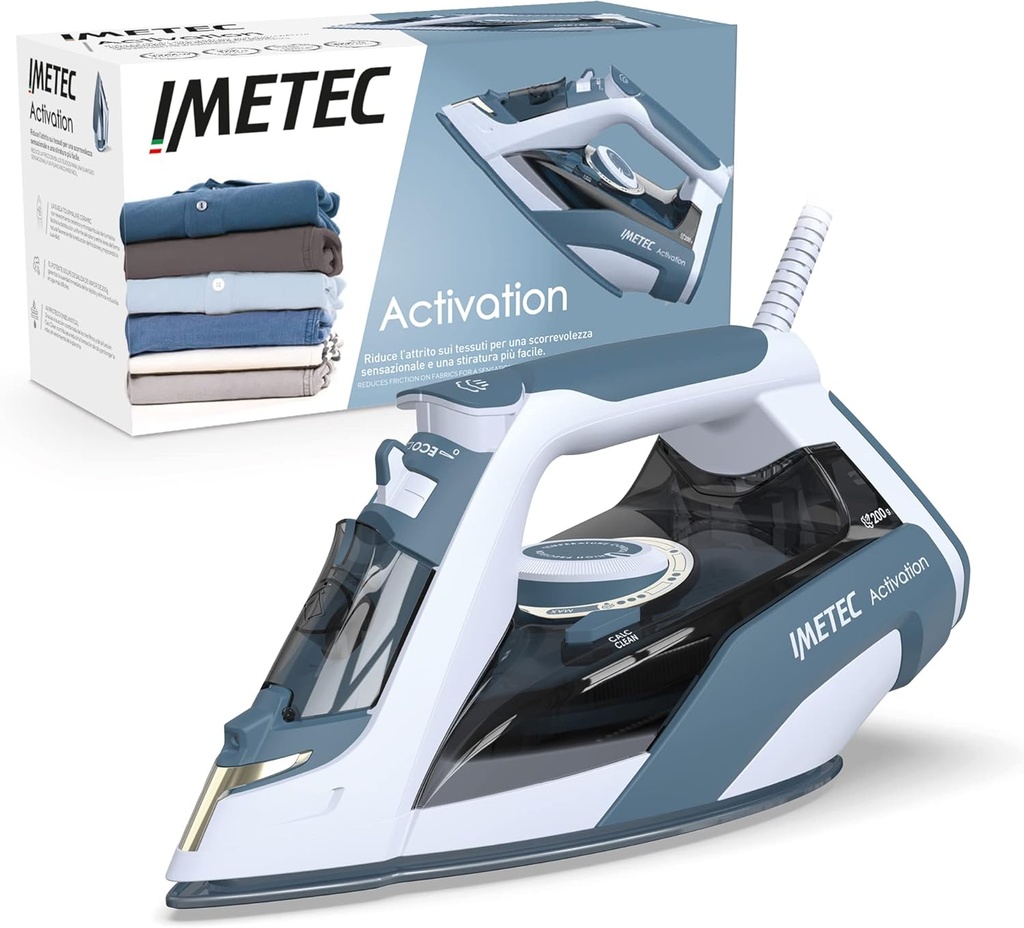Activare Imetec - Fier de călcat cu abur - Talpă glisantă din ceramică și turmalină - 200 g Steam Boost - Tehnologie anti-calcar - Temperatura reglabilă - Anti-picurare - Tehnologie Eco - 2400 W