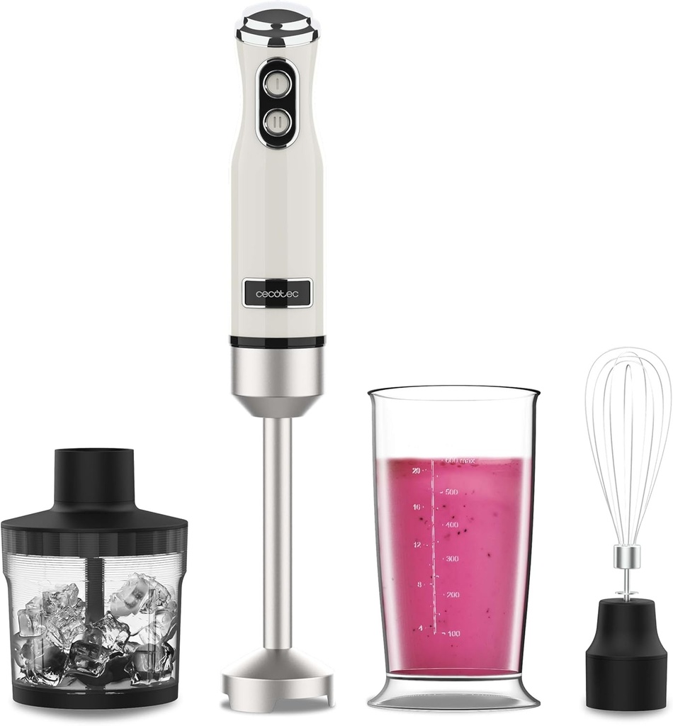 Blender de mana Cecotec Retro Power RetroBeige 1200MAX Cream&Crush. 1200W, lame incrucisate din titan, 2 viteze, accesorii, design vintage, protectie impotriva stropilor, borcan de 0,5 l, se poate spala in masina de spalat vase. DEFECT