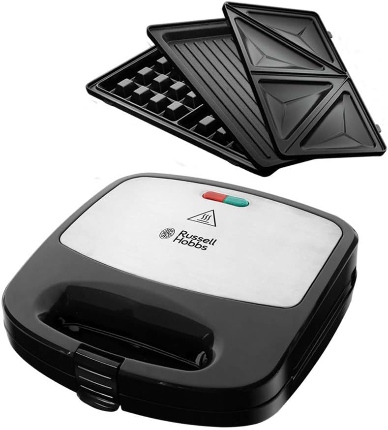 Grilă de contact electrică multifuncțională 3 în 1 Russell Hobbs - Mașină pentru sandvișuri, Mașină pentru vafe, Grătar de contact - Plăci antiadere; Extensibil: Cake Pops, Mini gogoși, Churros; Fiesta 24540-56