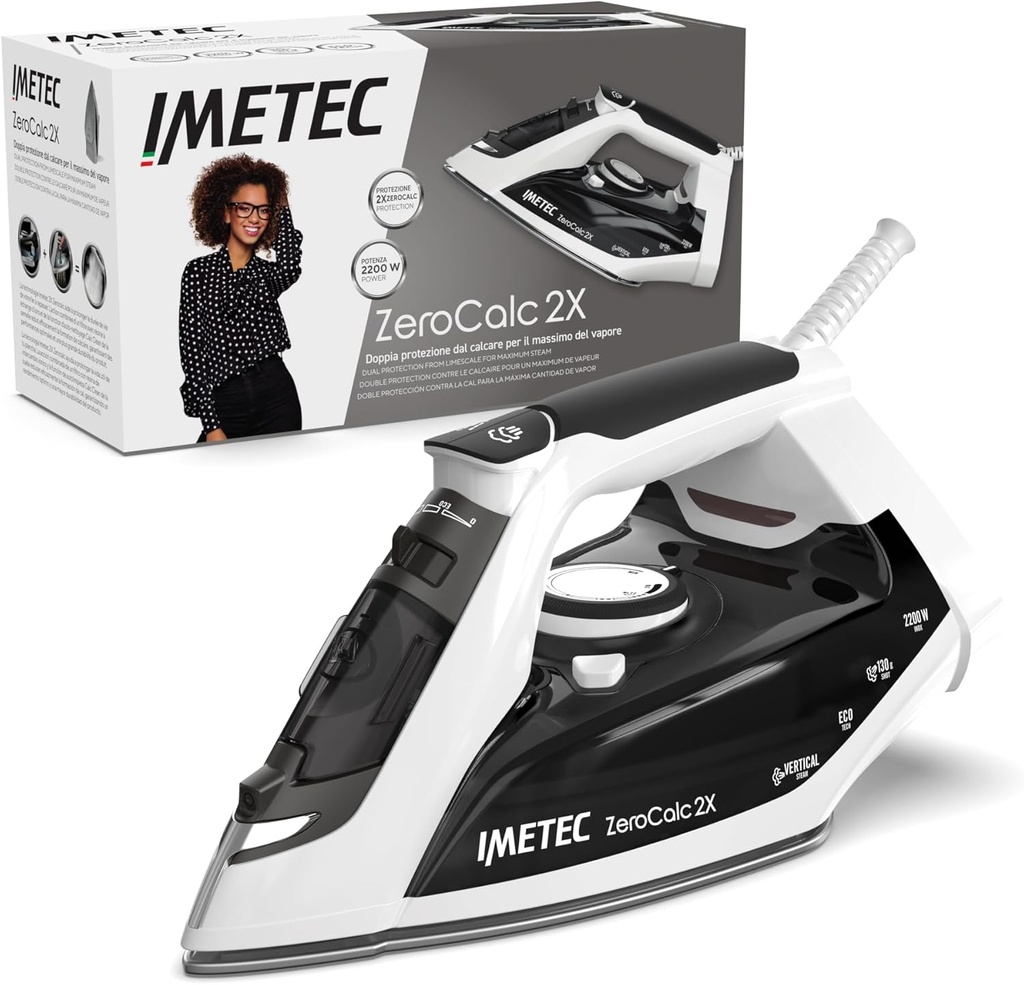 Imetec ZeroCalc Z1 2800 - Fier de călcat cu abur - Tehnologie anti-calcar - Talpă ceramică cu alunecare mare - Tehnologie de economisire a energiei - 2200 W - 130 g Steam Boost - Calc Clean