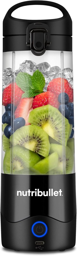 Blender portabil ușor Nutribullet, 475 ml Tritan fără BPA, mini blender, lamă din oțel inoxidabil cu 4 grile, blender multifuncțional, încărcător USB-C, 15+ cicluri de amestecare, NBP003B, negru