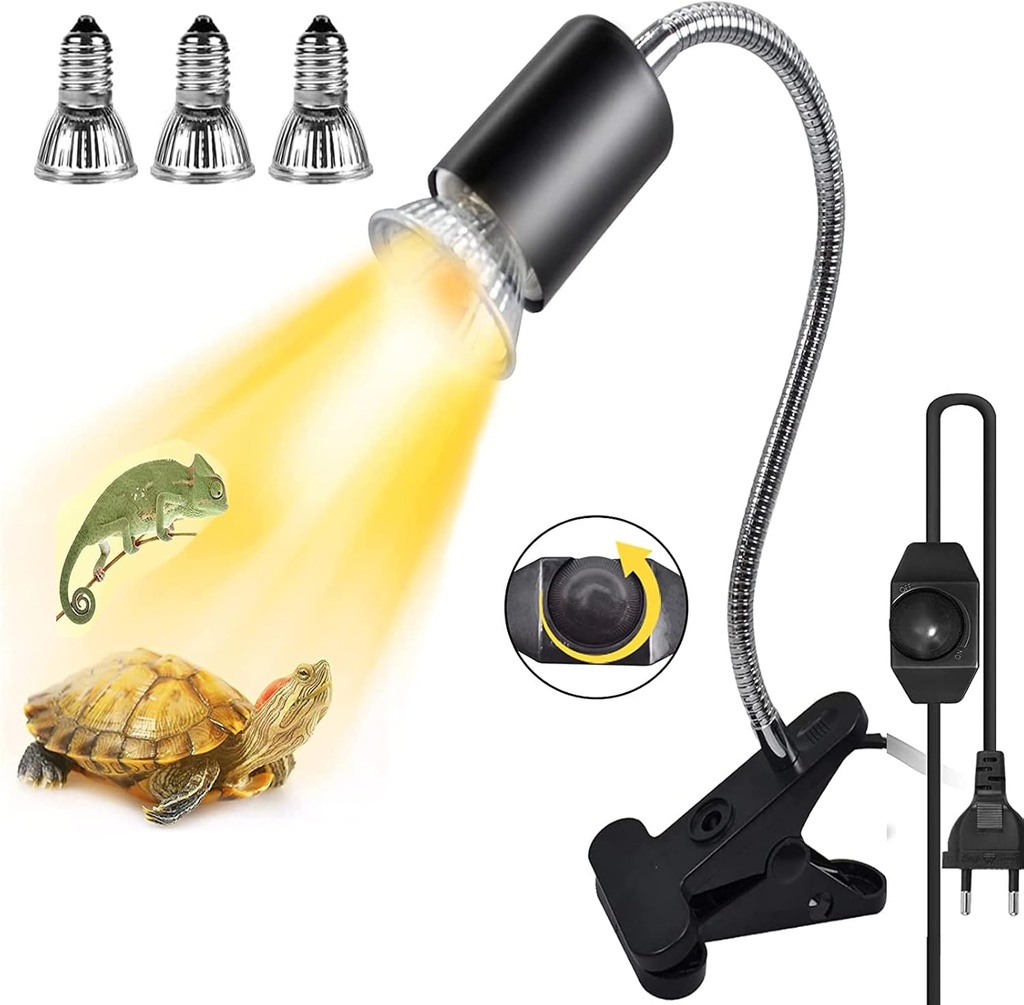 Lampă de încălzire pentru reptile JOOVCC, lampă de încălzire țestoasă, lampă de încălzire UVA UVB, 3 becuri diferite și clemă rotativă la 360°.