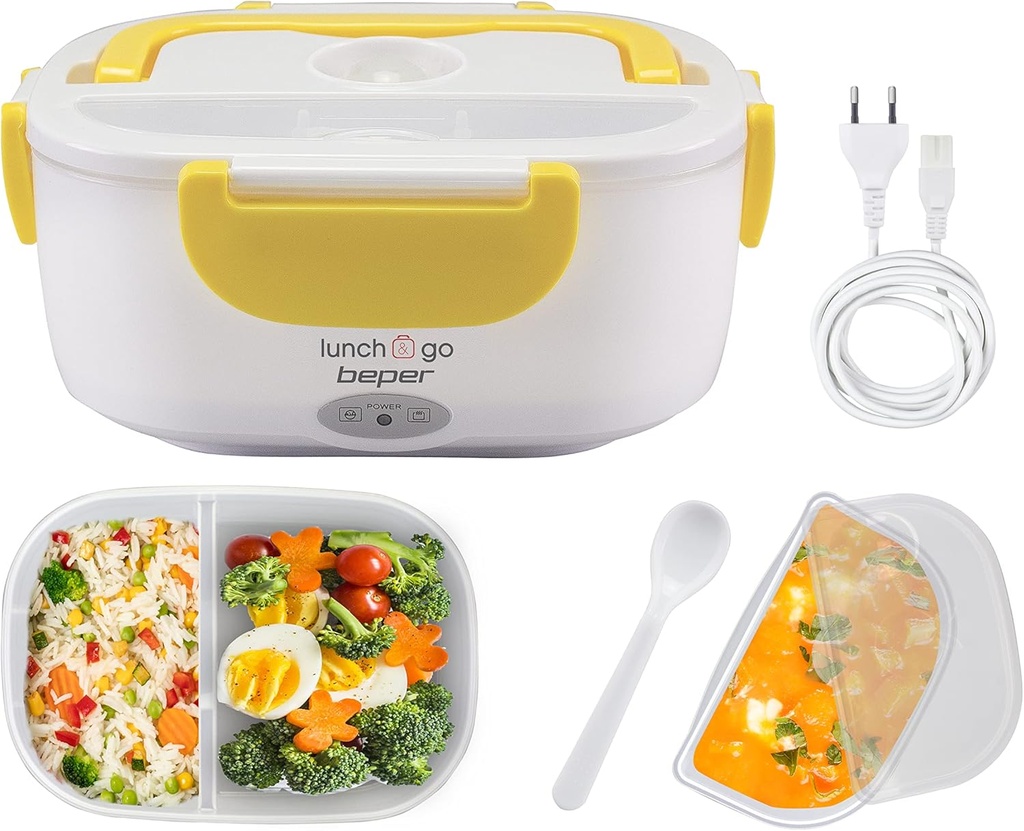 BEPER 90.920G Încălzitor electric portabil Lunch & Go cu 2 recipiente detașabile și tacâmuri incluse, 220 V, galben