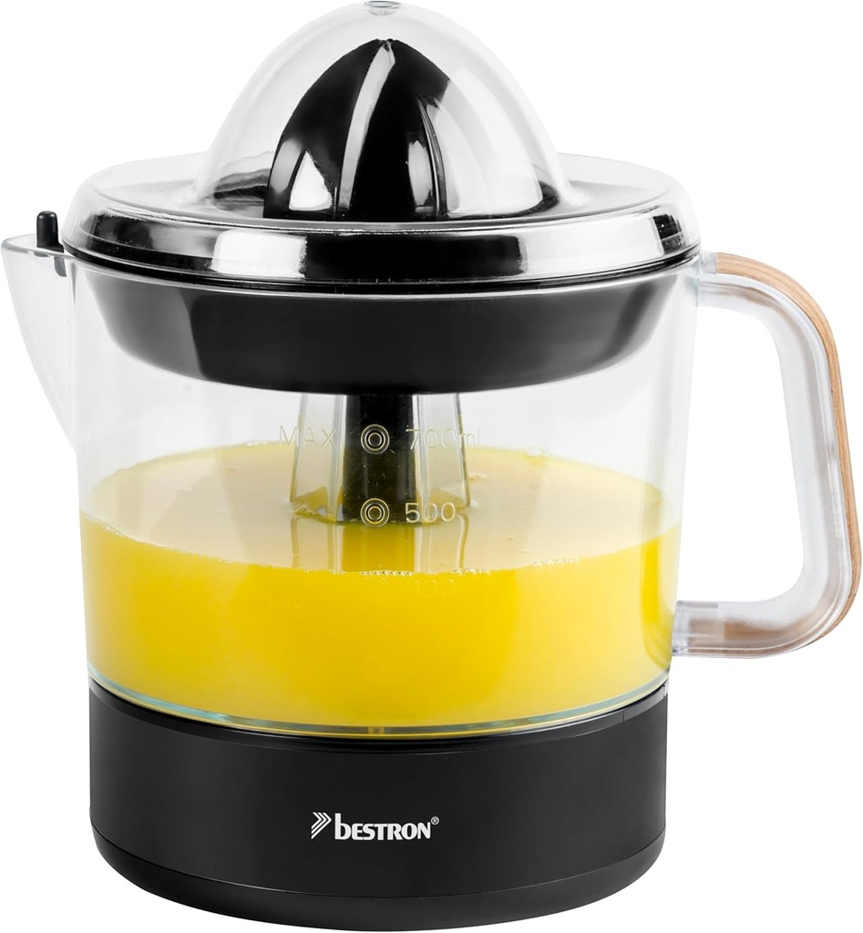 Storcator electric de portocale si citrice Bestron, Include 2 conuri de presare si un capac pentru a pastra aroma, Motor cu doua sensuri (stânga/dreapta), Capacitate: 0,7 litri, Culoare: Negru/Lemn