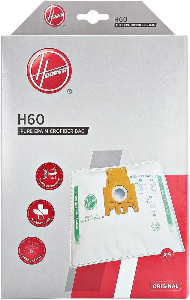 Pungi pentru aspirator Hoover H60, originale, microfibra, EPA pur, sistem anti-miros cu carbune activat, compatibile cu aspiratoarele Hoover, 4 buc.