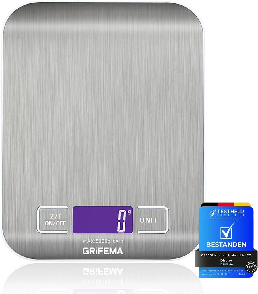 Cantar de bucatarie GRIFEMA GA2002 cu ecran LCD, otel inoxidabil, cantar multifunctional pentru alimente 5 kg/11 lb, albastru [exclusiv Amazon]