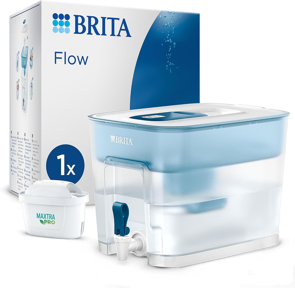Distribuitorul de apă filtrată BRITA Flow (8,2 L) include 1 cartuş filtrant MAXTRA PRO All-in-1(2) reduce(3) clorul, anumite pesticide, anumite PFAS, calcar