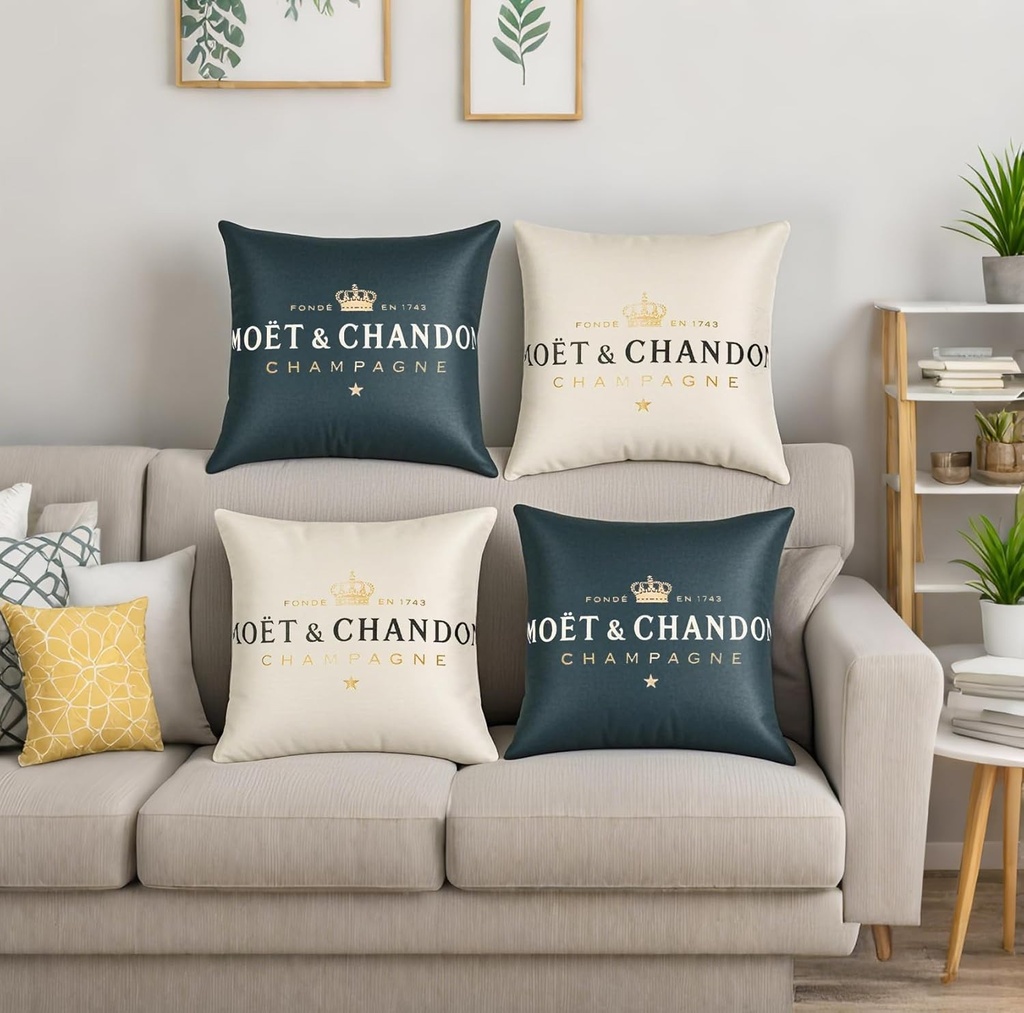 Husa de perna pentru canapea, huse de perna decorative sampanie si neagra, 45 x 45 cm, set de 4, bumbac, in, simplu, perna canapea, cotiera din material natural de in