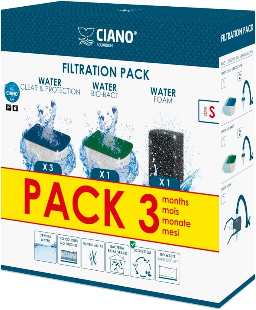 CIANO, Consumabile de acvariu - Cartuse de filtru de schimb pentru filtru de acvariu - Pachet 3 luni, marimea S - Apa cristalina pentru pesti, fara impuritati si fara miros - Curatare eficienta
