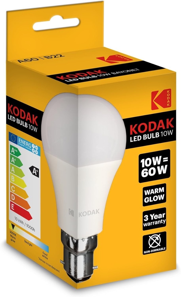 3 x Bec Kodak LED Globe A60 B22 10W/60W stralucire calda 806 LUMENS [Clasa energetica A+] 30415621