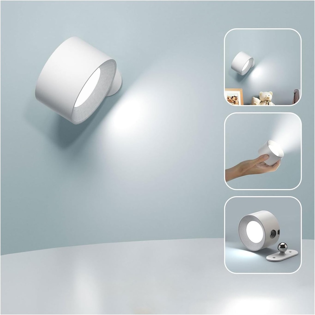 Aplica de perete LED Feallive de interior, lampa de perete cu baterie 1 bucata, control tactil 3 niveluri de luminozitate, rotativa la 360°, pentru sufragerie dormitor scara hol aplice wireless alb