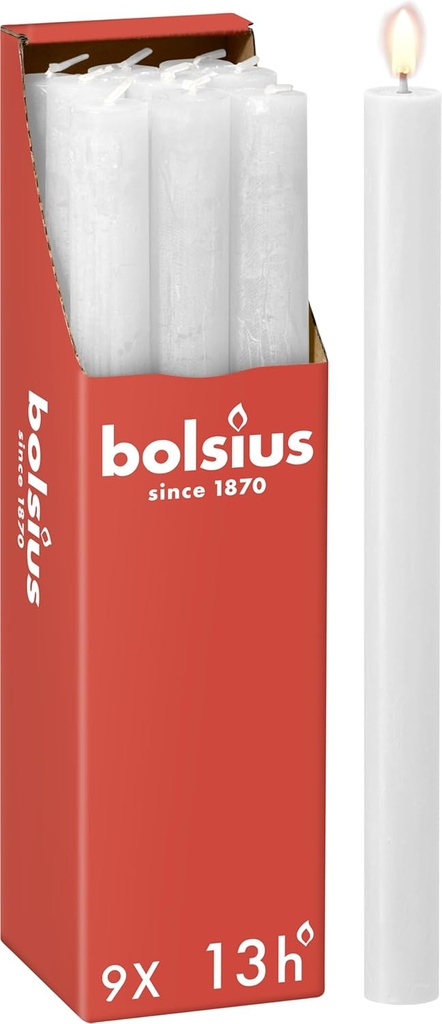 Bolsius - Lumanari Rustic Taper - Alb - 9 bucati - 27 x 2,3 cm - Timp de ardere 13 ore - Fara parfum - Contine ceara naturala de plante - Fara ulei de palmier - Ziua Indragostitilor