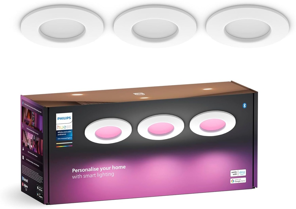 Lampă încasabilă Philips Hue Smart Slim, pachet de 3, 90 mm, lumină albă și colorată, compatibil Bluetooth, control vocal cu Alexa, Apple Home și Asistent Google, alb