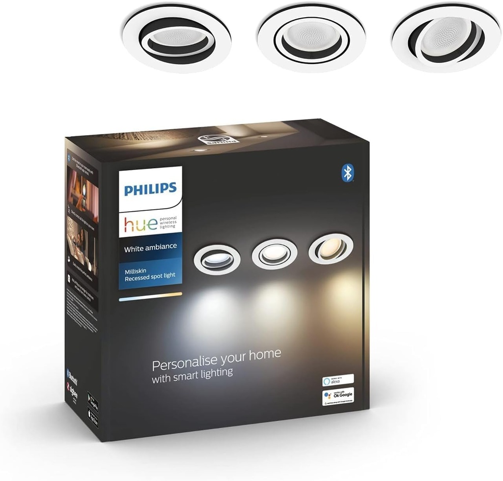 Philips Hue White Amb. Spot încastrat Milliskin cu 3 becuri, aluminiu, 3x350lm