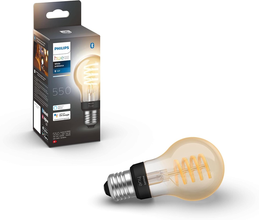 Lampă cu filament Philips Hue White Ambiance E27 (550 lm), lampă standard LED reglabilă pentru sistemul de iluminare Hue cu lumină albă caldă până la rece, control inteligent al luminii prin voce și aplicație, 1 pachet