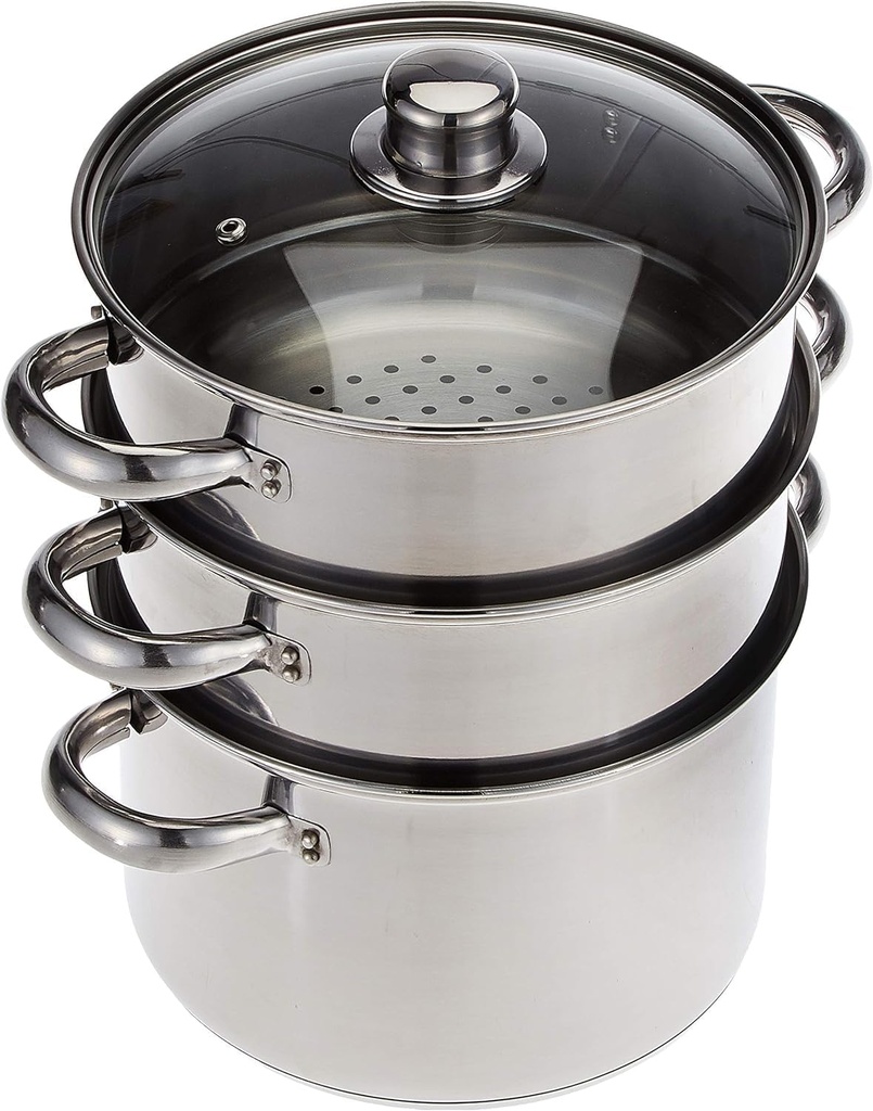 Set oale de gătit KitchenCraft din 3 piese, oală cu aburi/oală cu 3 nivele, sigur pentru inducție, oțel inoxidabil, în cutie cadou, 22 cm (9 inchi), argintiu