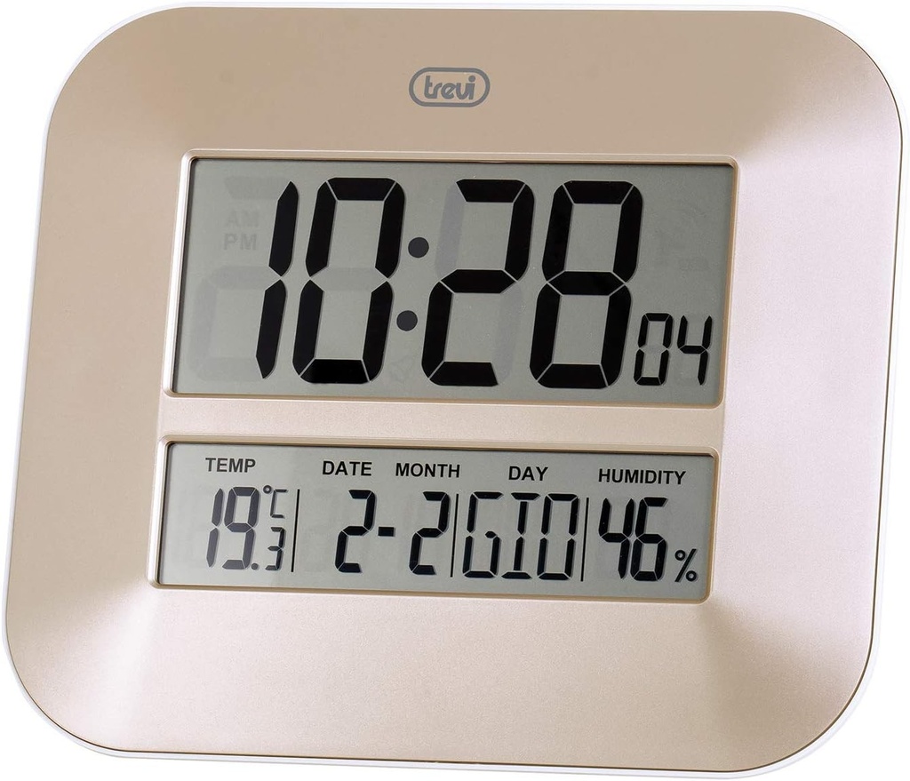 Trevi OM 3520 D, Ceas digital de perete cu display LCD, design modern, afiseaza ora, calendarul, temperatura si umiditatea, bronz, 27 x 23,5 x 3 cm